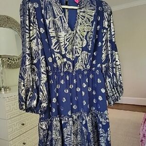 Blue White Floral Midi Ruffled Dress